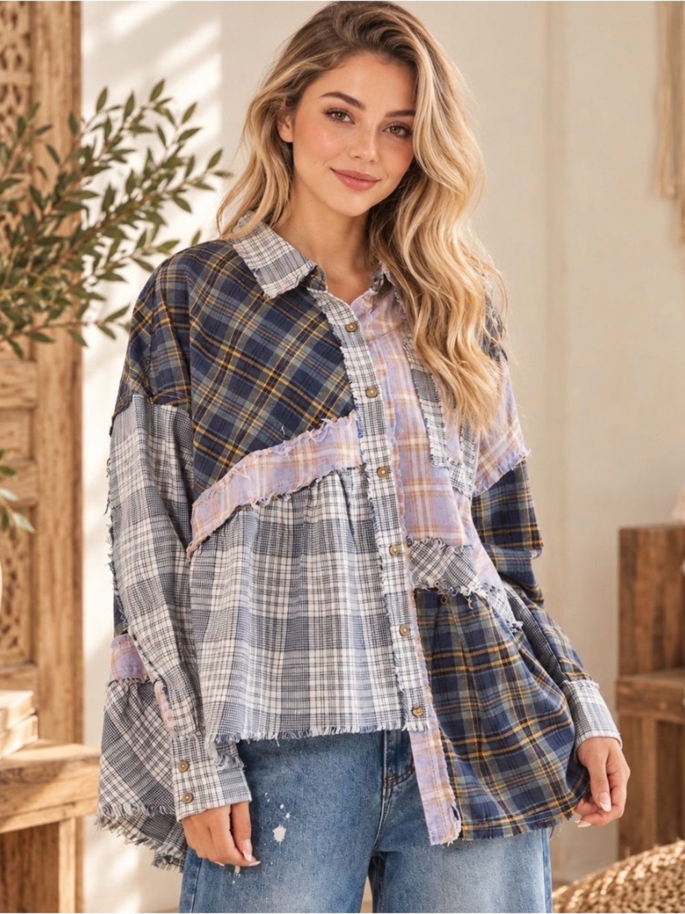 Oli and Hali Patchwork Plaid Button-Up Shirt Jacket - Lavender Blue